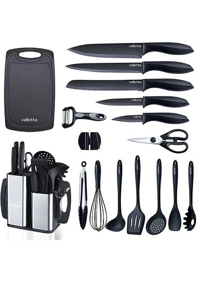 valletta Set de cuțite din oțel inoxidabil negru Solozzo, 18 piese și set de bucătărie cu spatulă din silicon
