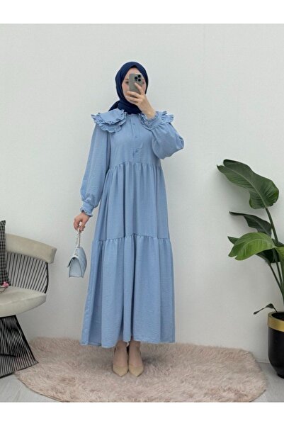 Modamorfo στρογγυλός γιακάς Φόρεμα από εισαγόμενο λινό με βολάν - Baby Blue