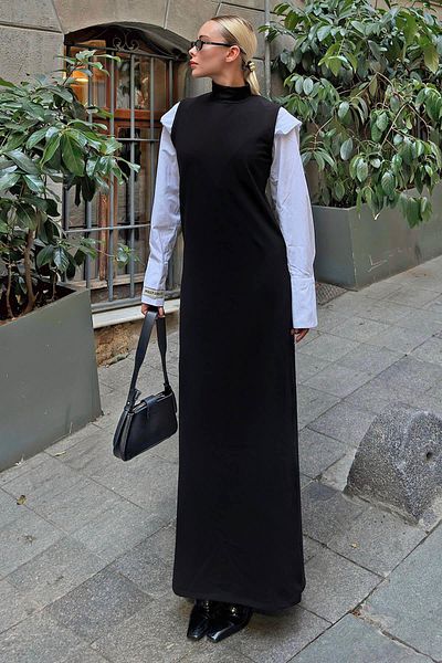 Swist Schwarzes Mercy Half Fisherman Zero Sleeve Damen-Maxikleid aus Baumwollmischung