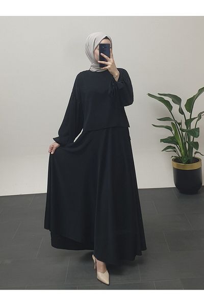 Modamorfo طقم تنورة بالون بأكمام وأربطة - أسود
