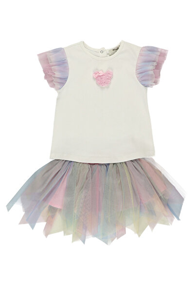 Panço Kız Bebek Tül Detaylı Etekli Beyaz Takım
