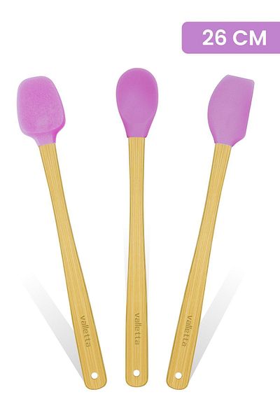 valletta Indigo 3-Piece Pink Silicone Spatula Set - Long 26 cm Bamboo