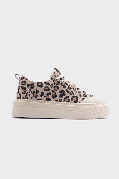 SHOEMARK Amber  Bej  Hakiki  Süet Deri Leopar Detaylı Bağcıklı Kadın Sneaker