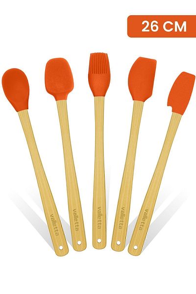 valletta Indigo 5-Piece Orange Bamboo Silicone Spatula Set - Long 26 cm
