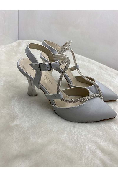ÇİĞDEM KUNDURA Gray Satin Crocus Stone Goblet Heeled Women's Shoes - K.E.S1
