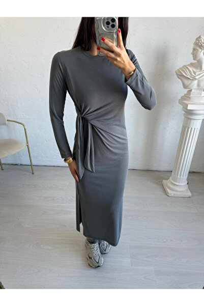 Bade Butik Gri Uzun Kol Beli Bağlamalı Modal Elbise