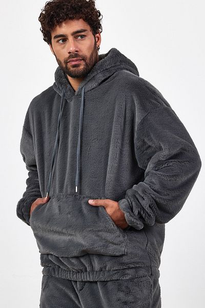 MADZEYMODA Ανδρικό βελούδινο φούτερ με κουκούλα Oversize με επένδυση γκρι Mz86046