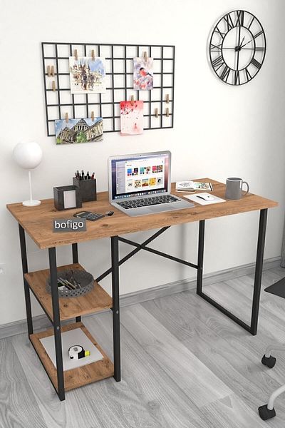 Bofigo 60*120 Cm 2 Shelves Metal Study Desk Computer Desk Office Dinner Table Pine