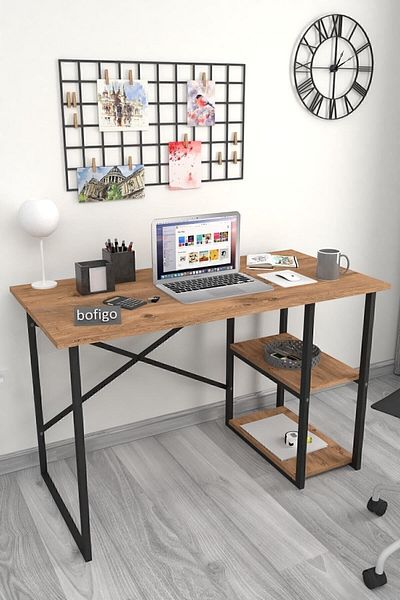 Bofigo 60*120 Cm 2 Shelves Metal Study Desk Computer Desk Office Dinner Table Pine