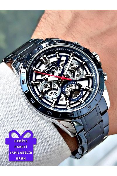 Ferrucci Navy Blue Color Steel Band Men's Wrist Watch with Calendar (2 Years Warranty, Waterproof)