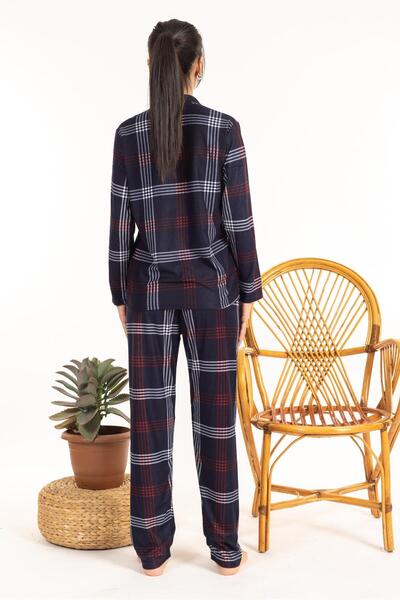 Pemilo Kadın 4000-1 Boydan Düğmeli Uzun Kol Süet Pijama Takımı LACİVERT