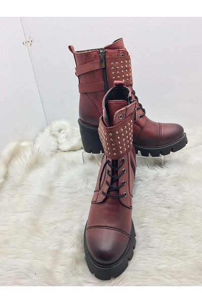 ÇİĞDEM KUNDURA Çiğdem Claret Red Genuine Leather Thick Sole Thick Heel Stone Detailed Boots (B3)
