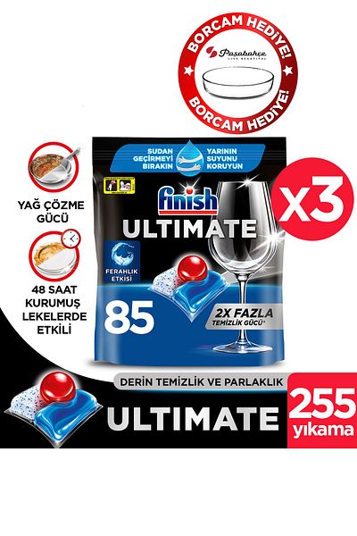 Finish Ultimate Dishwasher Detergent Capsule Tablet 255 Pieces of 3 + Borcam Gift