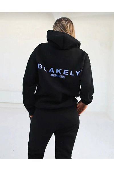 SKYLİGHT Women's Black Blakely Printed 3 Thread Oversize Hooded High Waist Jogger Tracksuit Set