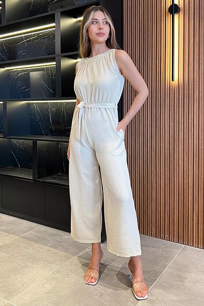 GÜLSELİ Stone Women's Crew Neck Waist Belted Jumpsuit