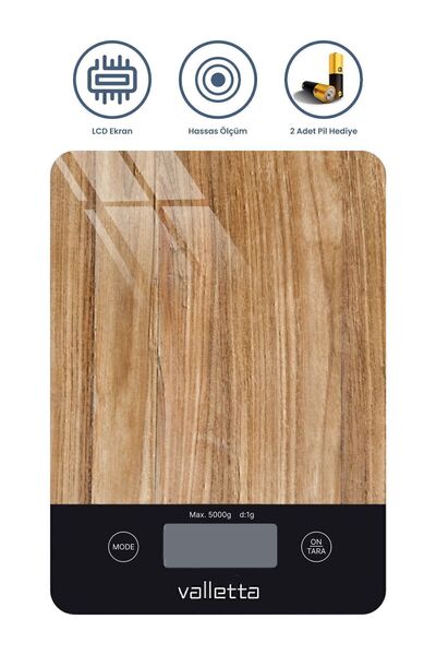 valletta Carioca Pil Hediyeli Ahşap Desenli Dijital Cam Mutfak Tartısı 5 Kg L...