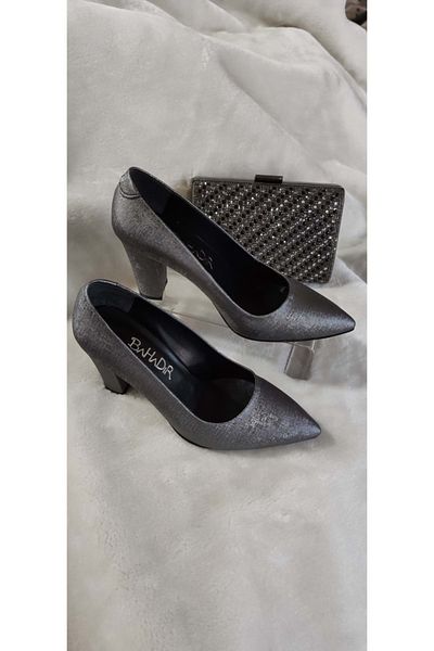ÇİĞDEM KUNDURA Çiğdem Anthracite Gray Pointed Toe Thick Heel Women's Shoes (BHDR S1)