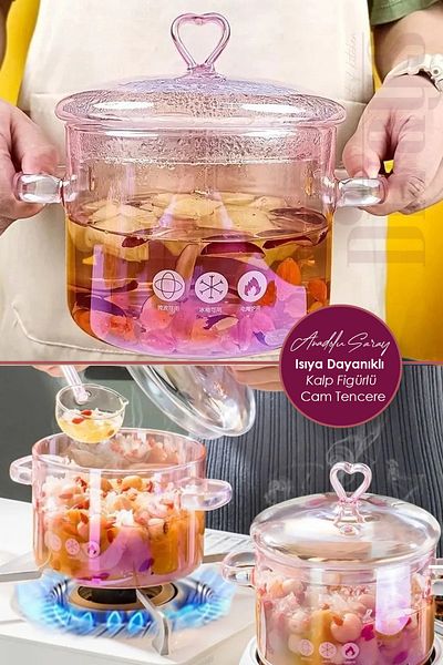 Anadolu Saray Pink Heart Figured Borosilicate Glass Pot - Heat Resistant, Thermal Stove Top, 1500Cc