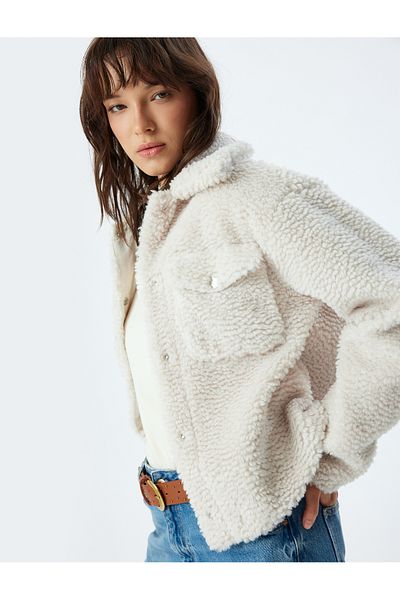 Koton Buttoned Applique Double Pocket Plush Jacket