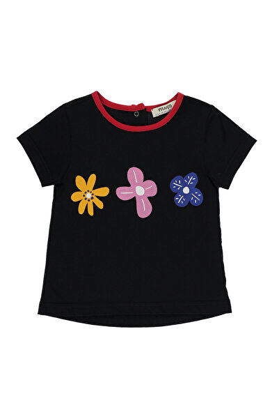 Panço Kız Bebek Kısa Kollu Baskılı Siyah Tişört