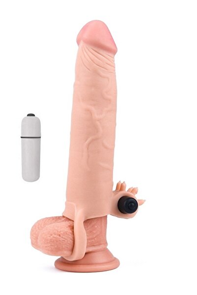 Erolife Ucu 6 Cm Dolgulu Titreşimli 19 CM Kaliteli Realistik Penis Kılıfı Uzatmalı Prezervatif
