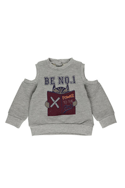 Panço Kız Bebek Omuz Pencere Detaylı Baskılı Gri-Melanj Sweatshirt