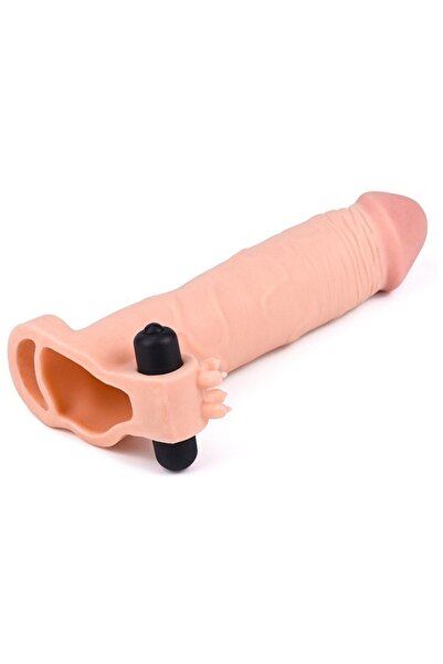 Erolife Ucu 6 Cm Dolgulu Titreşimli 19 CM Kaliteli Realistik Penis Kılıfı Uzatmalı Prezervatif