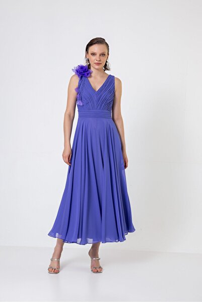 Green & Country Lilac Chiffon Evening Dress - Slim Fit, Pleat Detailed and Br...