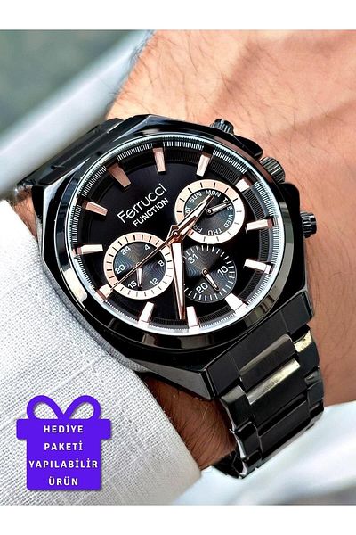 Ferrucci Black Color Steel Band Men's Wrist Watch (2 Years Warranty, Waterproof)