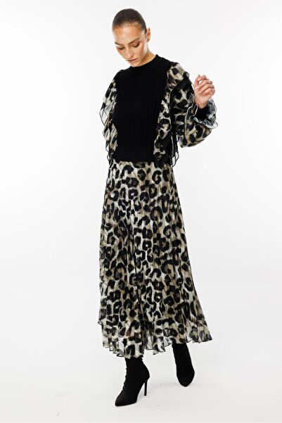 Moda İlgi Modailgi  Beli Lastikli Leopar Desenli Plisoley Etek - 1020 Haki