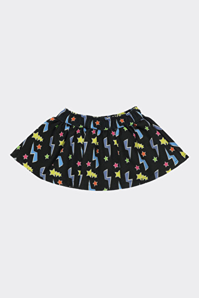 Panço Kız Bebek Beli Lastikli Renkli Baskılı Siyah Etek
