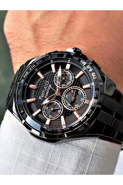 Ferrucci Black Color Steel Band Men's Wrist Watch (2 Years Warranty, Waterproof)