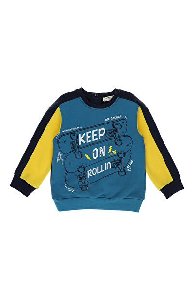 Panço Erkek Bebek Blok Renkli Baskılı Petrol Sweatshirt