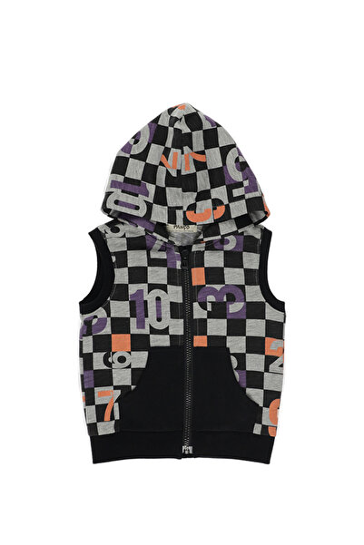 Panço Erkek Bebek Kapüşonlu ve Baskılı Kanguru Cepli Siyah Yelek