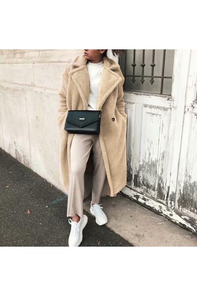 Mothermood Uzun Kollu Peluş Fermuarlı Tüylü Şık Krem özel rahat Ceket Tasarım