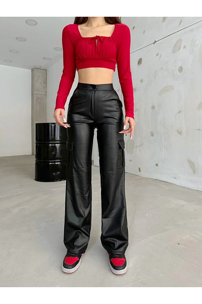 BİKELİFE Schwarze Damen-Cargohose aus Leder mit hoher Taille und weitem Bein