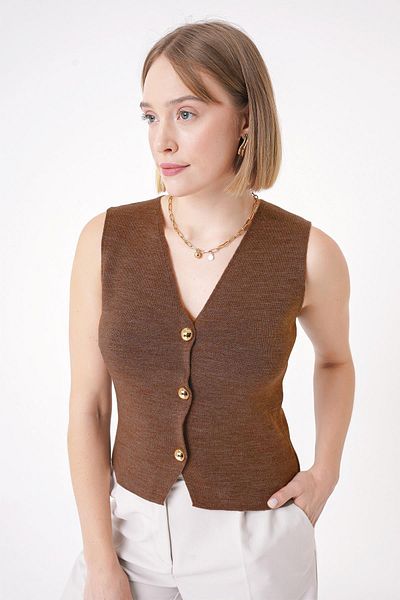 CHUBA Women's Gold Buttoned Textured Regular Fit Knitwear Vest Brown 25W3001