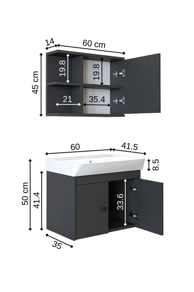 ROOMART Lavabolu Mat Suntalam 60 Cm Banyo Dolabı + Aynalı Üst Dolabı