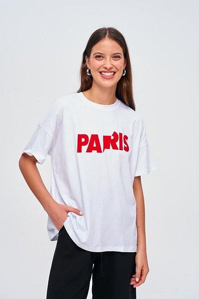 Tuba Butik Oversize Printed Short Sleeve White Women's T-Shirt