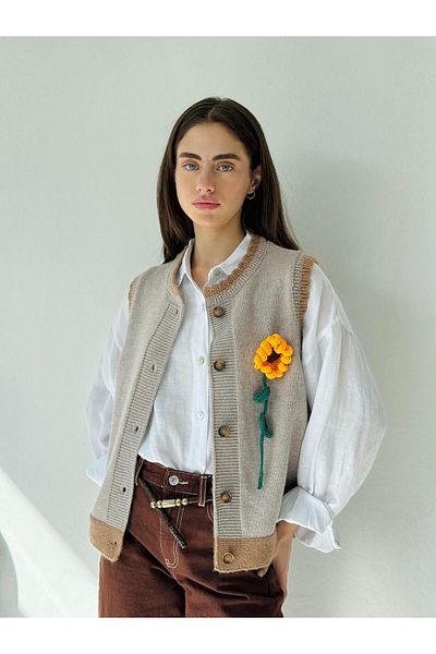 Retrobird Light Gray Embroidered Design - Glitter Embossed Sunflower Vest Women