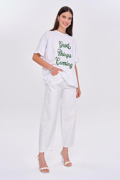Tuba Butik Oversize Printed Short Sleeve White Women's T-Shirt