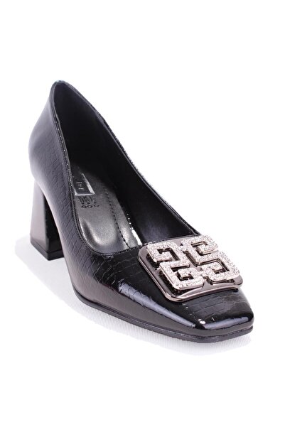 DAGOSTER DZA07-1219572 Μαύρο λουστρίνι βραδινό φόρεμα με χοντρό τακούνι γυναι...