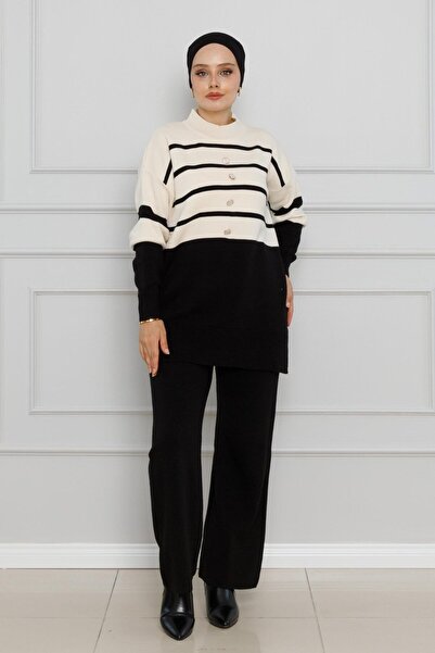 AVSARWEAR Γυναικείο Σετ Πλεκτό με Λεπτομέρεια με Ριγέ Κουμπιά