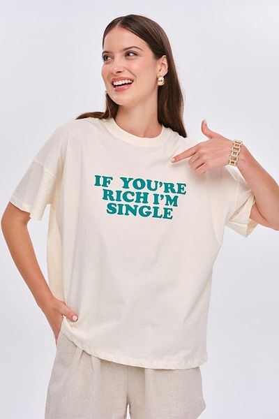 Tuba Butik Oversize Crew Neck Printed Cream Women's T-Shirt