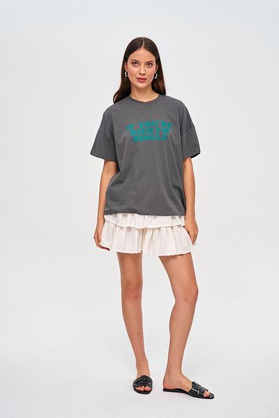 Tuba Butik Oversize Crew Neck Printed Smoked Women's T-Shirt