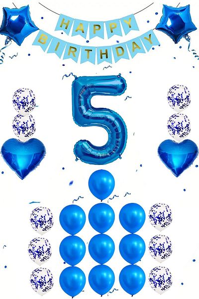 Patladı Gitti 5 Years Old Blue Concept Birthday Set; Heart Star Foil Balloon Set