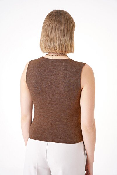 CHUBA Women's Gold Buttoned Textured Regular Fit Knitwear Vest Brown 25W3001