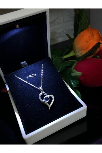 vogutima Kadın Gümüş Kolye - 100 Dilde Seni Seviyorum Kalp Model • Işıklı Kut...