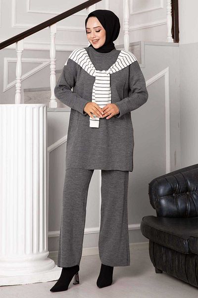 EBRUTESETTÜR Striped Double Knitwear Set with Scarf Detail