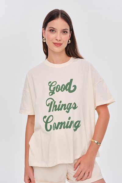 Tuba Butik Oversize Printed Short Sleeve Cream Women's T-Shirt